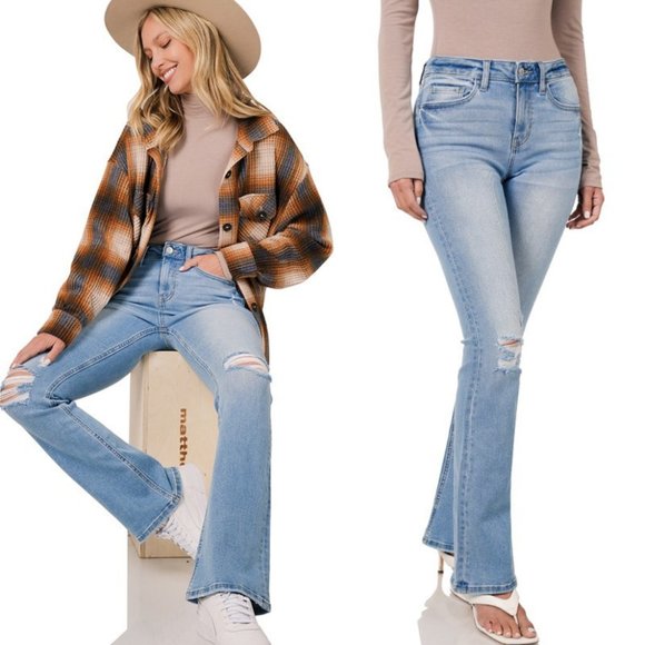 Zenana Outfitters Denim - Light Wash Blue Distressed Flare Stretch Denim Jeans NWT